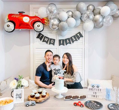 Simple Car Birthday Party, Two Fast And Two Curious, 2 Birthday Decoration Ideas, Baby 2nd Birthday Ideas Boy, Two Fast Diy Decor, Two Fast Decorations, Two Fast Birthday Backdrop, Two Fast Too Curious Birthday Cake, 2 Fast 2 Curious Birthday Decor