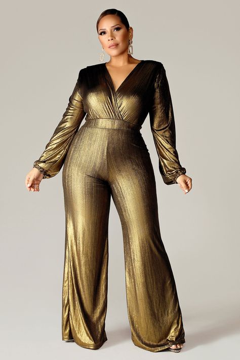 Golden Goddess Jumpsuit - MY SEXY STYLES Luxury Gold Chic Jumpsuits And Rompers, Elegant Fitted Gold Jumpsuit And Romper, Golden Jumpsuit, Glamorous Metallic Shimmer Jumpsuit, Gold Fitted Long Sleeve Jumpsuit/romper, Gold Jumpsuit, Disco Glam, Golden Goddess, Glam Outfit