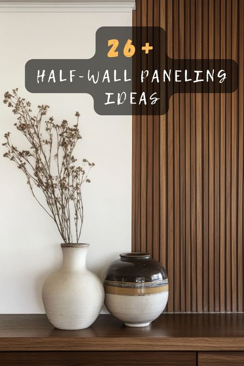 26+ Beautiful Half-Wall Paneling Ideas For Your Home – DreamyHomeStyle Wood Slat Half Wall Bathroom, Partial Wall Paneling, Board And Batten Wall Wood Stain, Partial Slat Wall Ideas, Tall Wall Paneling Ideas, Wood Panelling Ideas, Reeded Wall Panelling, Half Painted Wall With Trim, Two Tone Walls With Chair Rail