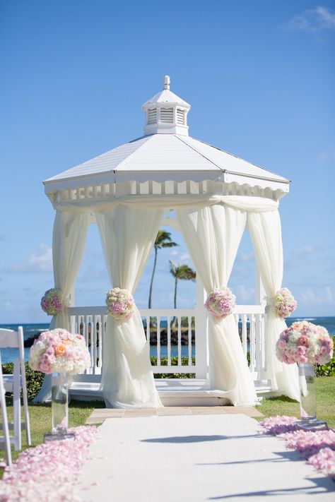 Pergola Wedding Ceremony, Pergola Wedding, Gazebo Wedding Ceremony, Gazebo Wedding Decorations, White Gazebo, Gazebo Decorations, White Pergola, Honolulu Oahu, Gazebo Wedding