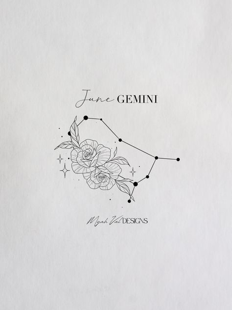 Artist: MyahVal Designs​​​​​​​​​   #digitalart  #artwork #tattooart #floralart #tattoos #floraltattoo #tattooideas #minimalist #tattoodesign #birthflower #birthflowers Gemini And Rose Tattoo, June Gemini Tattoo, Birthflower June Tattoo, Gemini Tattoo Constellation, Gemini Constellation Tattoo, Pearl Tattoo, June Gemini, Gemini Tattoo Designs, Gemini Constellation