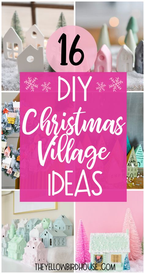 16 DIY Christmas village ideas to make, paint, glue or assemble. Paper holiday houses, wooden village mantel displays, clay and dough creations, there's something for a variety of mediums and skill levels. A Christmas village is a whimsical wonderful way to decorate for the holidays. Painted Village Houses, Porcelain Christmas Village, Painting Christmas Village Houses, How To Set Up A Christmas Village, Diy Christmas Houses Village, Diy Christmas Village Accessories, Christmas Village Ideas, Christmas Village Display Ideas Diy, Make Paint