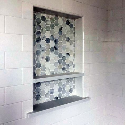 Small Hexagon Shower Niche Ideas With White Subway Tiles Tile Shower Inset Shelf, Bathtub Inset Shelf, Shower Nook Tile, Shower Nook Ideas, Shower Inset Shelf, Bathtub Niche Ideas, Bathtub Niche, Shower Nook, Shower Niche Ideas