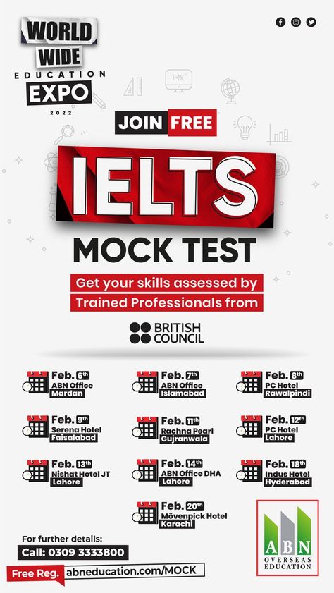 😕 Confuse about your English language skills. Want to appear in IELTS but worried about your preparation. 📌 Then a unique opportunity to get your IELTS knowledge tested. ✅ Assess yourself on the actual test pattern. Come and join us for a free IELTS Mock Test. Please register yourself for ‘Free’ 🌐 Registration link: https://www.abneducation.com/mock/ ☎ For more information call us at 0309-3333800 Test Pattern, Knowledge Test, British Council, Overseas Education, Mock Test, Educational Consultant, Language Skills, English Language, Join Us