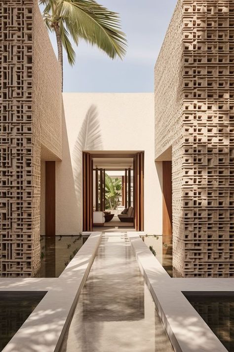 Tulum Architecture, Breeze Blocks, Holiday Inspo, Hotel Villa, Lobby Design, Desert Homes, Outdoor Home, Architecture Exterior, Facade Design