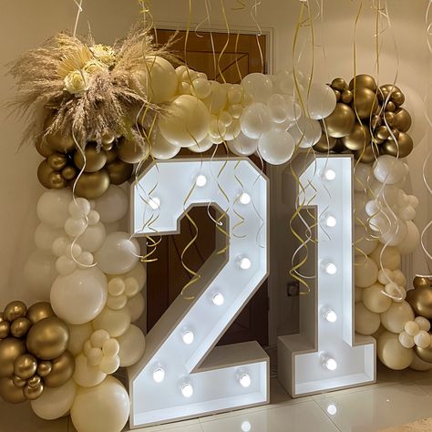 21st Balloon Arch, 21st Birthday Balloon Arch, 21st Birthday Color Schemes, Balloon Arch With Pampas, 21st Balloon Ideas, Birthday Led Lights, Balloon Color Schemes, 21st Birthday Balloons, 21 Balloons