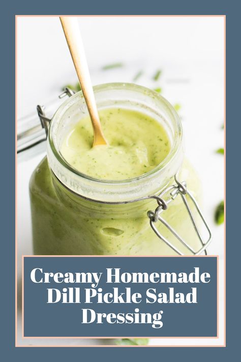 This creamy dill pickle salad dressing makes the perfect dressing to any crunch salad! Made creamy with avocado, and loaded with fresh dill and pickle juice. Dill Pickle Salad Dressing, Pickle Salad Dressing, Dill Pickle Coleslaw, Dill Pickle Salad, Pickle Dressing, Pickle Salad, Crunch Salad, Dairy Recipes, Delicious Gluten Free Recipes