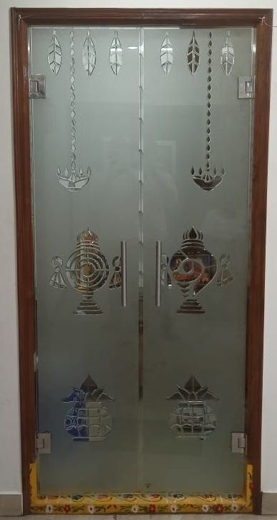 Modern Pooja Room Glass Door Designs Pooja Glass Design, Home Temple Glass Door Design, God Room Glass Door Designs, Pooja Room Doors Design Simple, Temple Door Glass Design, Modern Pooja Room Design Indian Homes, Mandir Glass Partition Design, Pooja Room Ideas Indian Modern Glass, Pooja Room Outside Design