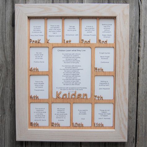 See the progression of your little one growing up before your eyes in this beautiful School Years Name Picture Frame. Featuring an opening of each year and personalized with your child's name, this will be a fun way to see how they grow and change from PreK through 12th grade. Size:-11x14 holds 14 pictures large picture is 5 x 6 1/2 small pictures are 2 1/2 x 3, top row 2 x 3-12x16 holds 14 large picture is 5x7 small pictures are 2 1/2 x 3 1/2, top row is 2 x 3 1/2-16x20 holds 14 pictures large School Pictures Display, School Years Picture Frame, Kids Picture Frames, School Picture Frames, Baby First Year, One Year Pictures, Name Pictures, Picture Frame Designs, 12th Grade