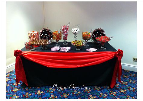 Red  Black themed wedding - candy buffet table set-up Red Black And Gold Dessert Table, Black And Red Table Decorations, Black Candy Table, Silver Candy Buffet, Black Themed Wedding, Candy Table Ideas, Red Table Decorations, Candy Buffet Table, White Dessert Tables