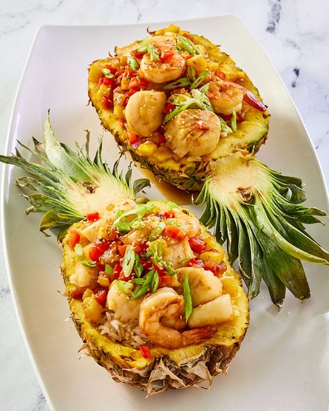 Pineapple Shrimp Boats, Stuff Pineapple Boats, Jerk Shrimp Pineapple Bowl, Pineapple Fish Recipe, Pineapple Boats Recipes, Stuffed Pineapple Bowls, Pineapple Bowl Recipe, Stuffed Pineapple, Pineapple Fish