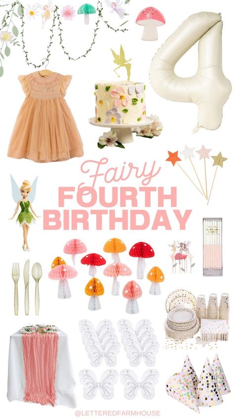 Mushroom Fairy First Birthday, Toddler Fairy Birthday Party, Meri Meri Fairy Party, Barbie Mushroom, Fairy Fourth Birthday Party, Fairy Fourth Birthday, Fairy Birthday Ideas, Fourth Birthday Party Girl Theme, Birthday Fairy Cake