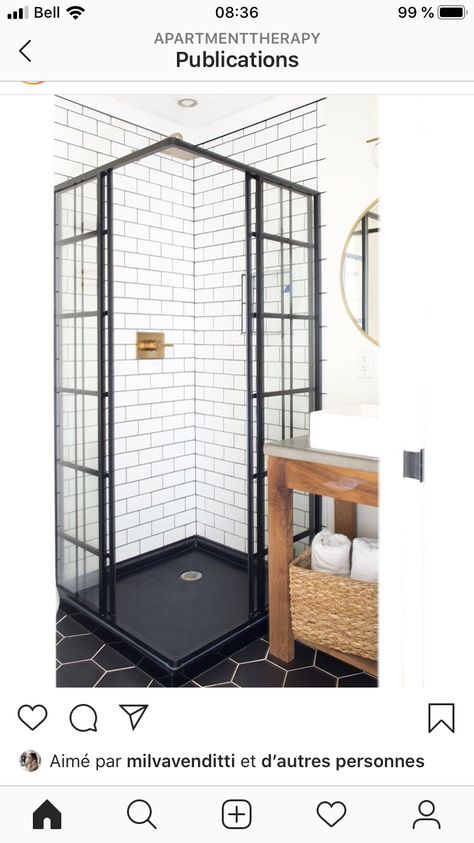 Bathroom Remodel With Small Shower Stall, Tiny Bathroom Shower Stall, Tiny Bathroom With Corner Shower Ideas, Black Shower Base Bathroom, Shower Floor Base, Small Shower Doors Ideas, Corner Shower Doors Small Spaces, Corner Shower Renovation, Corner Shower Stalls For Small Bathrooms