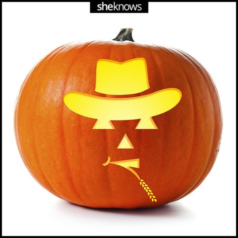 Cowboy pumpkin template. 31 pumpkin carving templates to help you wow the neighborhood. Print the template at @sheknows. #Halloween Cowboy Pumpkin Carving, Farm Pumpkin Carving Ideas, Cowboy Pumpkin Carving Ideas, Headless Horseman Jack O Lantern, Country Pumpkin Carving, Pumpkin Carving Templates Pokemon, Pumkin Carving Stencils Printable Disney, Advanced Pumpkin Carving Templates, Happy Pumpkin Faces