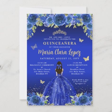 $2.80 | Royal Blue Floral Butterfly Princess Quinceanera #quinceañera, mis quince quinceanera, 15th birthday xv anos, miss quince mexican, royal blue, floral botanical greenery watercolor, gold glitter sparkle glam, royal princess butterfly, tiara crown gown dress quinceanera, feminine girly modern elegant stylish Blue Princess Gown, Disney Princess Background, Butterfly Tiara, Disney Princess Invitations, Butterfly Princess, Dress Butterfly, Dress Quinceanera, Quinceanera Invitation, Princess Invitations