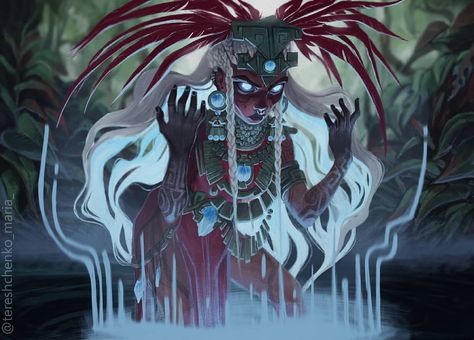 Maria Tereshchenko on Instagram: “here's a jungle witch on the aztec theme for @factionsbattlegrounds  #digitalillustration #artistoninstagram #digitalart #illustration #art…” Aztec Jungle Art, Mexican Witch Art, Aztec Culture Art, Aztec Inspired Art, Aztec Creatures, Aztec Witch, Aztec Vampire, Aztec Oc, Aztec Character Design