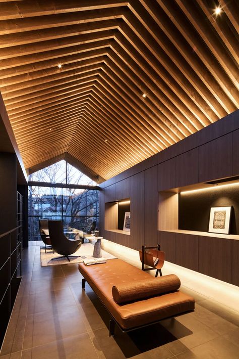 Apollo Architects, Beach Lights, Vaulted Ceiling Lighting, House Tokyo, Pitched Ceiling, Church Conversions, Exposed Rafters, Timber Ceiling, Wooden Ceiling