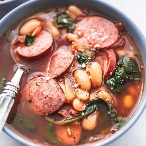 Sausage and White Bean Soup - Creme De La Crumb White Bean And Sausage Soup, Sausage And Bean Soup, White Bean Sausage Soup, White Bean And Sausage, Kale White Bean, Bean And Sausage Soup, Beans And Sausage, Healthy Holiday Recipes, Spinach Soup