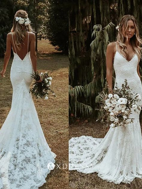 Country Chic Wedding Dress, Wedding Dresses Backless, Beach Wedding Dresses Backless, Wedding Dresses Spaghetti Strap, Beach Wedding Dresses, Country Chic Wedding, Wedding Dresses 2020, Custom Wedding Dress, Long Train