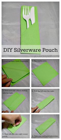 Napkin Fold - DIY Silverware Pouch - AD yoursassyself.com How To Fold A Napkin With Silverware, How To Fold Paper Napkins, Silverware Pouch, Wrapped Silverware, Diy Napkin Folding, Folding Napkins, Napkin Folding Tutorial, Easy Napkin Folding, Paper Napkin Folding