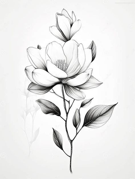 Leafs And Vines Drawing, Magnolia Flowers Drawings, Magnolia Blossom Drawing, Magnolia Flower Line Drawing, Fine Line Magnolia Flower Tattoo, Magnolia And Rose Tattoo, Magnolia Botanical Illustration, Magnolia Flower Tattoo Designs, Magnolia Tattoo Back