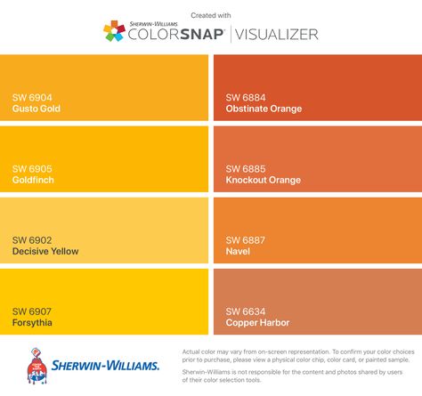 Relaxing Bathroom Colors, Orange Paint Colors, Copper Harbor, Yellow Front Doors, Relaxing Bathroom, Sherwin Williams Colors, Sherwin Williams Paint Colors, House Color Schemes, Orange Paint