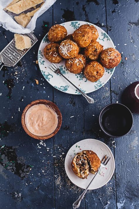 Mushroom Arancini | Playful Cooking Arancini Photography, Mushroom Arancini, Mushroom Ideas, Arancini Recipe, Croquettes, A Cup Of Coffee, Finger Food, Cup Of Coffee, Appetizer Snacks