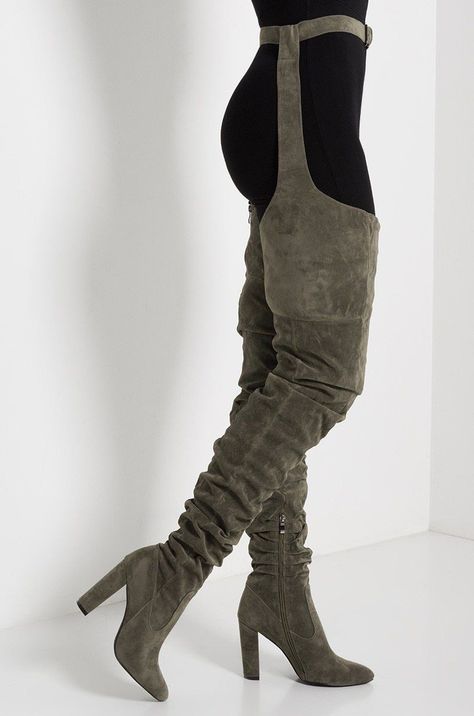 Rihanna Green, High Boots Outfit, Faux Suede Boots, Long Boots, Heel Boots, Thigh High Boots, Boots Outfit, High Heel Boots, Suede Boots