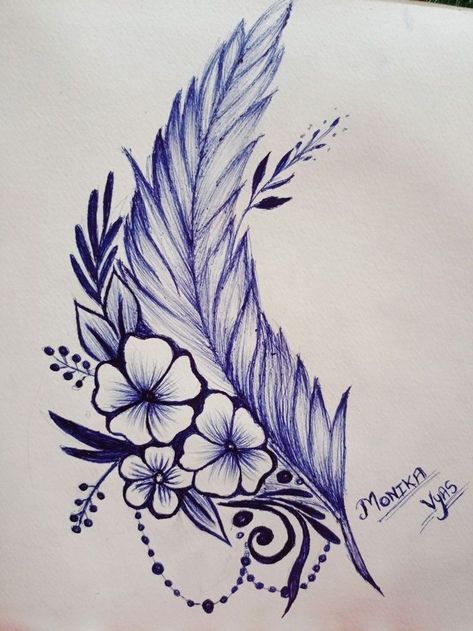 Plume Tattoo, Feather Art Projects, Blue Flower Tattoos, Swallow Tattoo Design, Bicep Tattoo Men, Geometric Line Tattoo, Peacock Feather Tattoo, Feather Drawing, M Tattoos