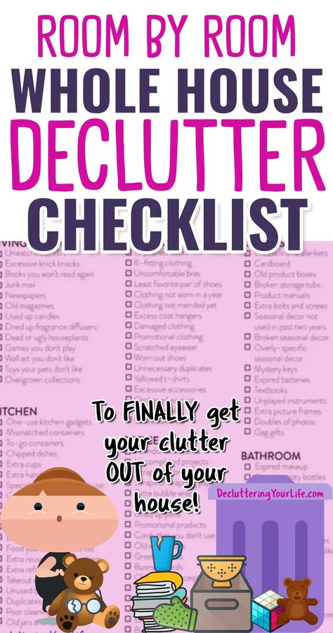 Whole House Declutter Checklist To Minimalize Your Home Room By Room And Get Seriously Organized from Decluttering your Life Minimalizing Your Home, How To Start Decluttering Your House, Whole House Declutter, Room By Room Checklist, House Declutter, Declutter Help, Get Seriously Organized, Seriously Organized, Kitchen Organizing Ideas