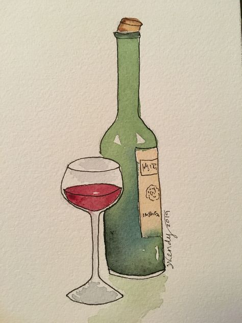 Wine Bottles Drawing, Watercolor Wine Painting, Watercolor Italy Easy, Wine Bottle Watercolor, Wine Watercolor Painting, Watercolor With Pen Outline, Bottle Of Wine Drawing, Watercolor Art Wine, Bottle Watercolor Painting