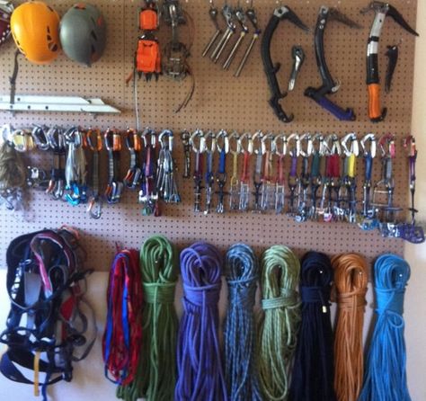 Closet Organization Ideas For Men, Climbing Gear Organization, Outdoor Gear Organization, Outdoor Gear Storage, Climbing Wall Kids, Camping Gear Storage, Adventure Room, Gear Room, Peg Boards