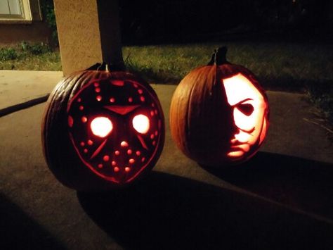 My first ever pumpkin carve no stencils! Welcome Jason and Michael Myers Friday the 13th  Halloween Jason Pumpkin Carving, Jason And Michael Myers, Jason And Michael, Pumpkin Carve, Michael Myers And Jason, Fun Diy Halloween Decorations, Halloween Pumpkin Carving, Halloween Pumpkin Carving Stencils, Pumpkin Carving Party