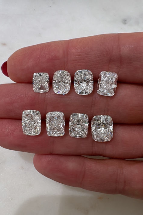 Pick your favorite cushion cut diamond! All can be made in our custom 14k yellow gold or platinum settings. Cushion Cut Diamonds, Cushion Cut, Diamond Sizes, Platinum, Yellow Gold, Cushions, Yellow, Gold