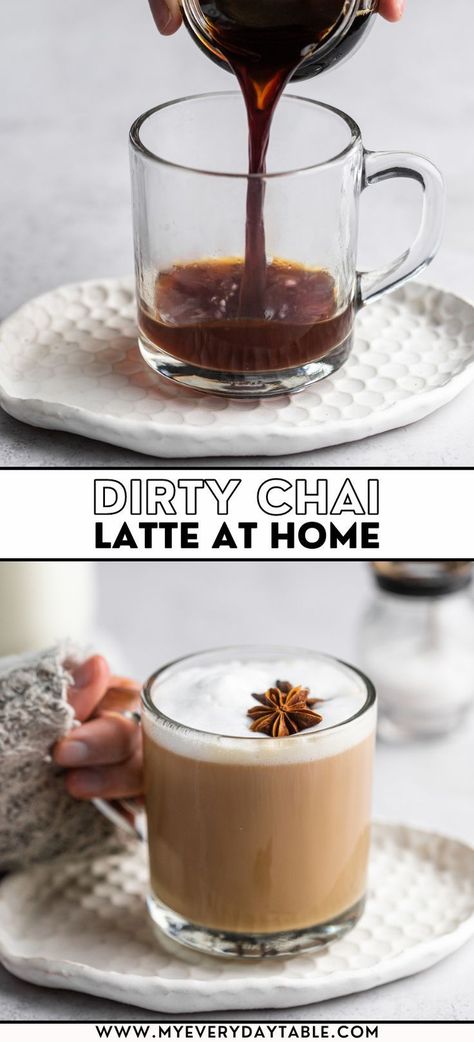 Make a dirty chai latte at home with this easy recipe! This espresso drink combines coffee and tea in a warm and cozy way that is incredibly delicious. If you love ordering this drink at your favorite coffee shop, then you have to try making your own with this simple recipe. It's budget-friendly and absolutely delicious! Chia Latte Recipe, Chai Coffee Recipe, Dirty Chai Latte Recipe, Chia Tea Latte Recipe, Dirty Chai Latte, Chai Tea Latte Recipe, Espresso Drink, Chai Latte Recipe, Chai Tea Recipe