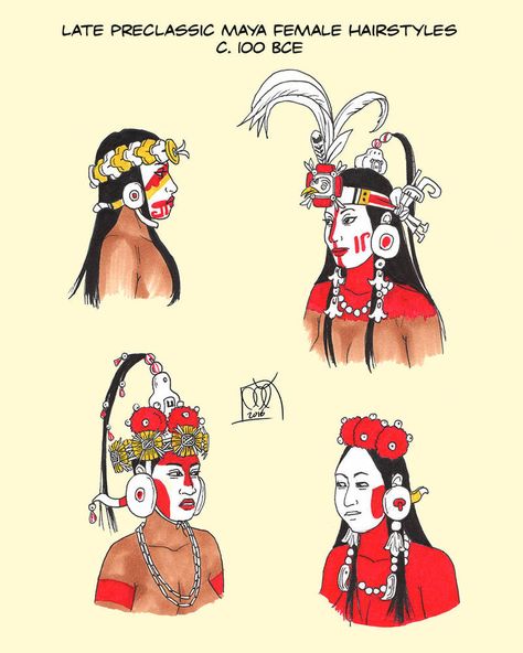 Preclassic Maya Hairstyles by https://www.deviantart.com/kamazotz on @DeviantArt Maya Hairstyles, Ancient Mayan Clothing, Mayan Clothing, Aztec Clothing, San Bartolo, Maya Art, Aztec Culture, Mayan Art, Mayan Culture