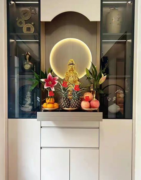 Pooja Unit With Storage, Mandir With Storage, Chinese Altar Design, Room References, Pooja Unit, Puja Mandir, Crockery Unit Design, Altar Design, Crockery Unit