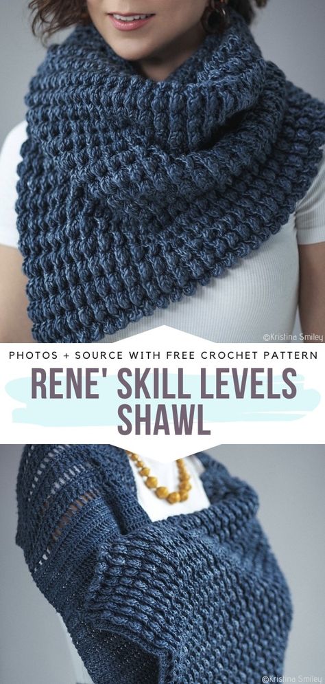 Rene' Skill Levels Shawl Free Crochet Pattern  This dark shade of ocean blue is so amazing for winter. Every outfit you complete with it it’s going to look so chic! Rene' Skill Levels Shawl is much more on a chunky side, so you won’t have to worry about the cold and the wind anymore.  #crochetshawl #crochetwrap #freecrochetpattern Blue Clothes, Yarn Ideas, Winter Crochet, Crochet Shawl Pattern Free, Winter Shawl, Crochet Shawls, Crochet Wrap, Scarf Knitting Patterns, Cowl Scarf