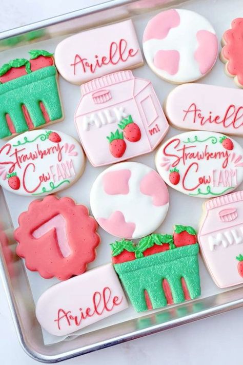 Don't miss this pretty strawberry-themed birthday party! The cookies are delightful! See more party ideas and share yours at CatchMyParty.com Cow Birthday Party Ideas, Cow Birthday Parties, Strawberry Cow, Cow Birthday, Strawberry Party, 10th Birthday Parties, Strawberry Cakes, Beautiful Cookies, Cute Birthday Cakes