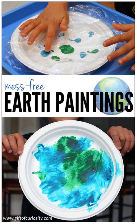 With Earth Day coming up on April 22, these mess-free Earth paintings would be a great craft to do with young children this year. Or do make these any time of the year as part of your geography studies. #geography #artsandcrafts #EarthDay #toddlers #preschool #kinder #kindergarten #ece #sensoryplay #sensoryart #giftofcuriosity || Gift of Curiosity Science Themed Arts And Crafts, Preschool Crafts Earth Day, Earth Day Process Art For Toddlers, Earth Day With Toddlers, Geography Lessons For Kindergarten, Earth Day Theme For Toddlers, Space Week Activities For Babies, Space Craft For Toddler, Geography Crafts For Preschoolers