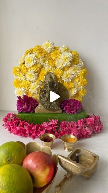 Simple Ganapathi Decoration At Home, Easy Flower Decorations For Pooja, Flower Decorations For Home Indian Pooja, Pooja Decoration Ideas At Home, Flower Decoration For Pooja On Floor, Original Flower Decoration For Ganpati, Ganesh Chaturthi, Flower Plates, Festival Decorations