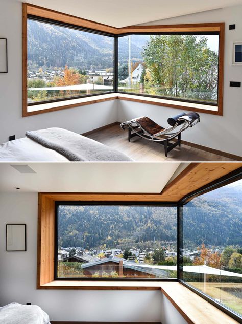 In this modern bedroom, large picture windows have been used to create a corner window, while the window ledge acts as a bench for relaxing. Corner Window Design Ideas, Corner Glass Wall Exterior, Picture Windows Bedroom, Window Corner Bedroom, Corner Picture Window, Corner Window Architecture, Wall Of Windows Bedroom, Picture Window Bedroom, Half Wall Window