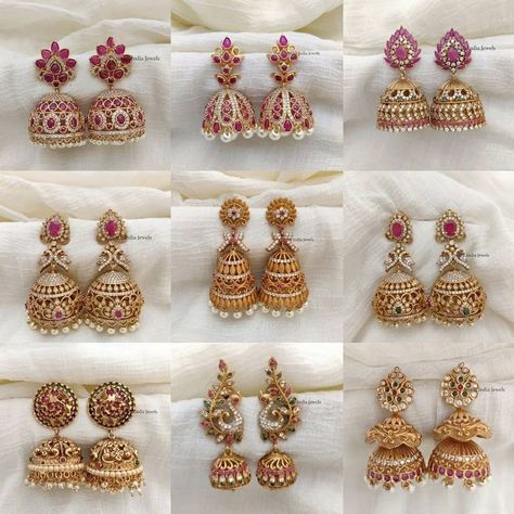 Jumkha Earrings Gold Latest, Latest Jhumka Designs Gold Indian, Jumka Design Gold Latest, Gold Jhumka Earrings Indian Latest, Gold Jhumka Designs Indian Weddings, Gold Jumkas Design Latest, South Indian Wedding Jewelry Sets, Buttalu Earrings Gold Bridal Latest, South Indian Bridal Jewelry Sets