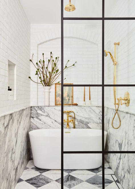 2021 Bathroom Trends, Brick Bathroom, Vanessa Carlton, Soho Loft, Loft Bathroom, Sarah Sherman Samuel, Loft Interior Design, Gold Fixtures, Loft Interiors