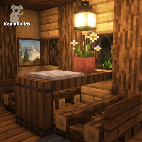 Tap for full tutorial Minecraft Crafting Station Ideas, Minecraft Outside Table, Mincraft Idea Cafe, Minecraft Home Interior Kitchen, Minecraft Crafting Area Ideas, Spruce Bedroom Minecraft, Minecraft Furnishing Ideas, Minecraft Sitting Room Ideas, Minecraft Cozy Kitchen