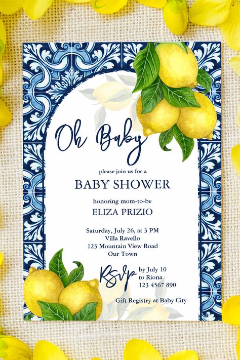 Blue tiles and lemon Amalfi Positano oh baby baby shower Invitation template, available as digital download or high quality prints on variety of papers Italian Baby Showers, Gender Neutral Invitations, Italian Theme, Gender Neutral Baby Shower Invitations, Baptism Invitations, Blue Tiles, Gender Neutral Baby Shower, Neutral Baby Shower, Positano