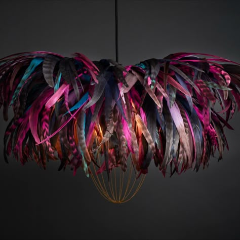 An exuberant 115cm (soft diameter) feather light shade with the impact and presence of a chandelier | can take one or three light bulbs and is available in a huge range of colour combinations #sustainablelighting #homedecor #interiordesign #featherlights Feathered Lampshade, Feather Pendant Light, Peacock Feather Chandelier, Chandelier Shade, Feather Lamp Shade, Feather Chandelier Diy, Feather Lampshade, Feather Lamps, Maximalist Lighting