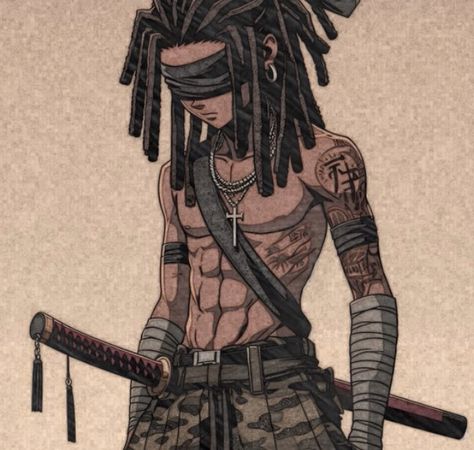 Black Samurai Drawing, Spiderman With Dreads, Dreadlock Character Design, Black Cyberpunk Character Art, Arcane Oc Male, Black Anime Hairstyles, Mysterious Character Design, Black Anime Guy Pfp, Black Anime Characters Dreads