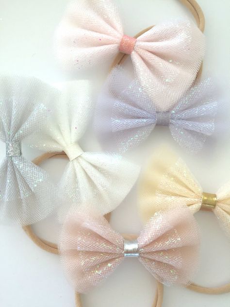 Sparkle Tulle Bows - Neutrals - Tulle bow headbands, Tulle bow hair clips, Pastel bows, Glitter bows Ribbon Hair Accessories, Tulle Hair Bows, Girls Hair Bows Diy, Pastel Bows, Diy Baby Headbands, Tulle Bow, Bow Headbands, Diy Bows, Tulle Bows