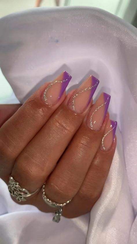 Purple And Gold Nails Coffin, Beige Purple Nails, Acrylic Nails For Purple Dress, Purple Sliver Nails, Lilac Hoco Nails, White And Purple Nails Simple, Purple Silver Nails Designs, Hoco Nails For Purple Dress, Purple Prom Nails Coffin